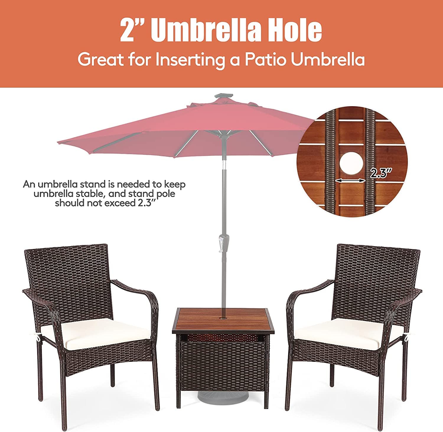 HAPPYGRILL 3-Piece Patio Bistro Set with Coffee Table & Umbrella Hole, Rattan Wicker Chairs Set with Umbrella Stand Table, Soft Cushions, Outdoor Furniture Set for Balcony Porch Poolside Garden