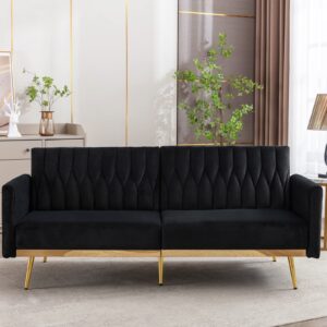 TTGIEET Velvet Convertible Futon Sofa Bed with Golden Metal Legs, 70" Tufted Loveseat Couch Sleeper Futon Sofa with Adjustable Armrests for Home Living Room Bedroom (Black)