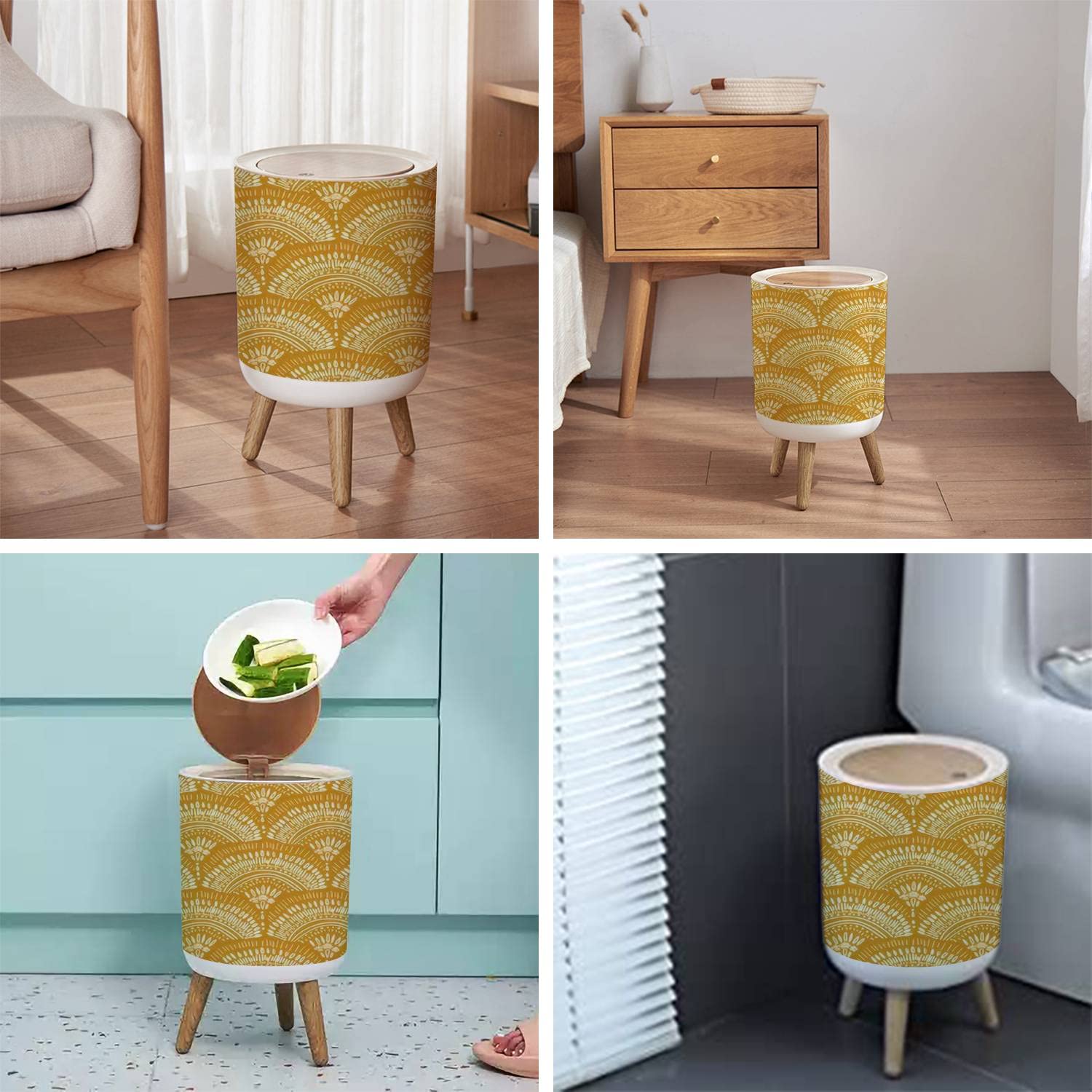 Small Trash Can with Lid for Bathroom Kitchen Office Diaper seamless repeat abstract bohemian geometric white a mustard yellow Bedroom Garbage Trash Bin Dog Proof Waste Basket Cute Decorative