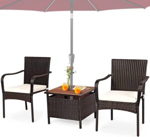 happygrill 3-piece patio bistro set with coffee table & umbrella hole, rattan wicker chairs set with umbrella stand table, soft cushions, outdoor furniture set for balcony porch poolside garden