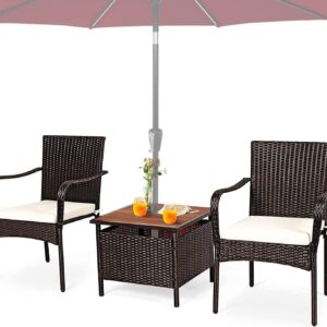 HAPPYGRILL 3-Piece Patio Bistro Set with Coffee Table & Umbrella Hole, Rattan Wicker Chairs Set with Umbrella Stand Table, Soft Cushions, Outdoor Furniture Set for Balcony Porch Poolside Garden