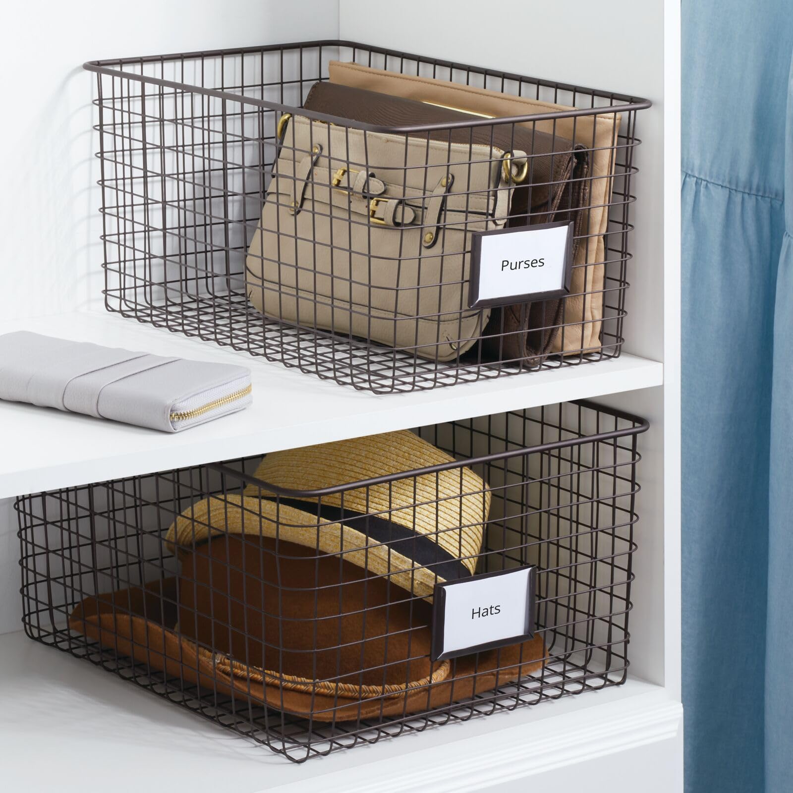 mDesign Wide Metal Farmhouse Storage Organizer Bin Baskets with Label Slot for Closet, Cabinet, Cupboard - Wire Organizing Basket Holds Clothing, Linens, Shoes, Omaha Collection, 2 Pack, Bronze