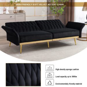 TTGIEET Velvet Convertible Futon Sofa Bed with Golden Metal Legs, 70" Tufted Loveseat Couch Sleeper Futon Sofa with Adjustable Armrests for Home Living Room Bedroom (Black)