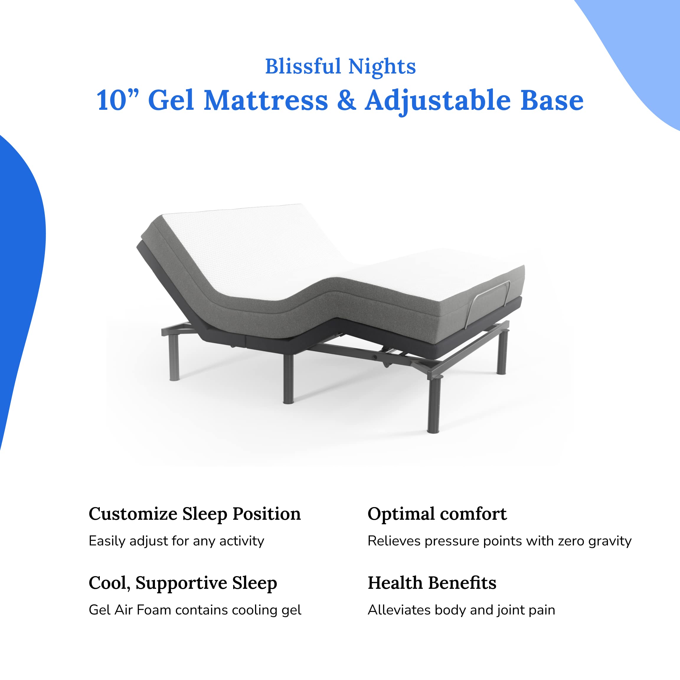 Blissful Nights e3 Cal King Split Adjustable Bed Base Frame with 10" Medium Firm Gel Infused Memory Foam Mattress