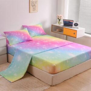 URLINENS Rainbow Sheets Twin Size 3 Piece, Tie Dye Pastel Girls Sheet Set for Kids Teens, Glitter Fun Girly Bed Sheets Soft Microfiber Rainbow Bedding Set 1 Fitted Sheet 1 Flat Sheet 1 Pillowcase