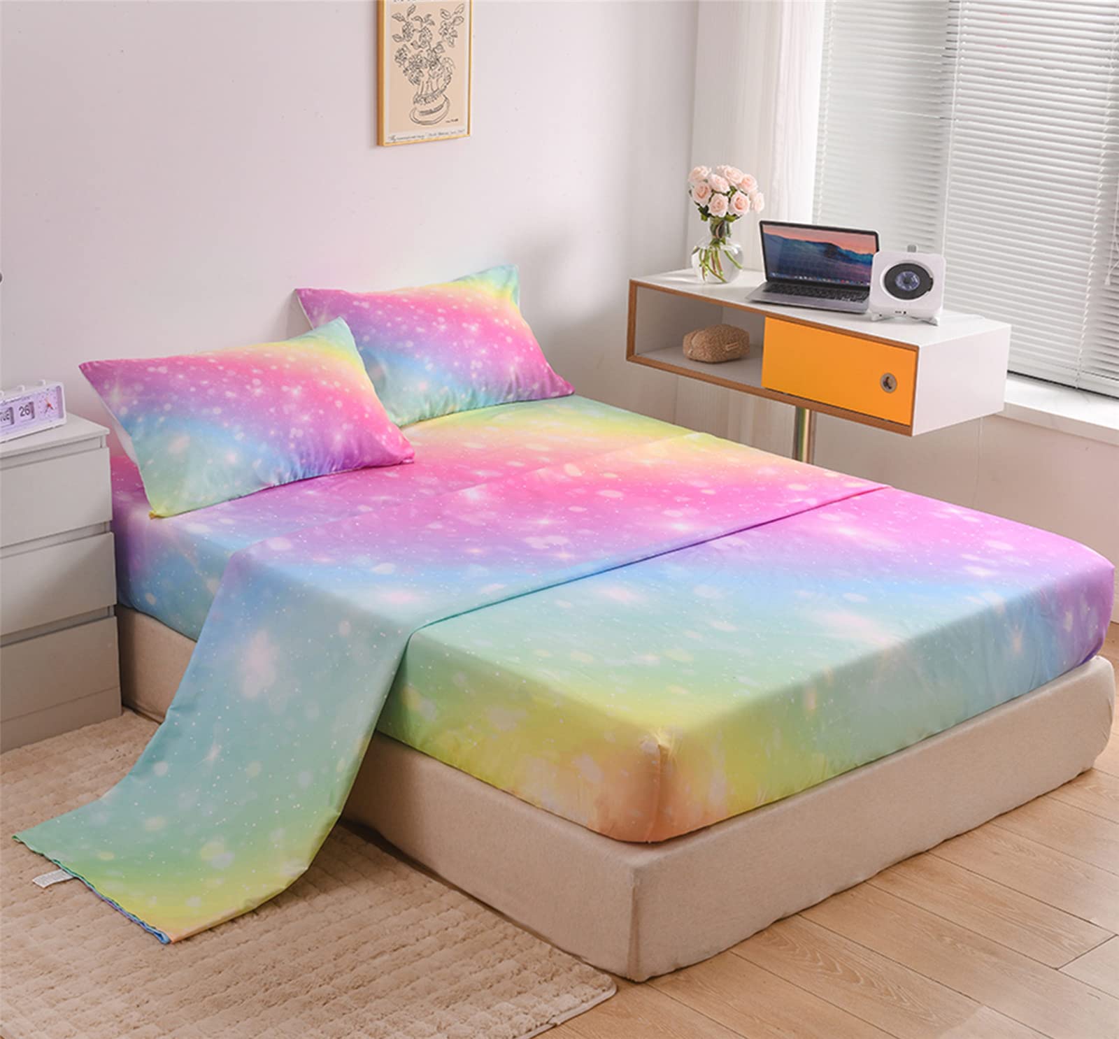 URLINENS Rainbow Sheets Twin Size 3 Piece, Tie Dye Pastel Girls Sheet Set for Kids Teens, Glitter Fun Girly Bed Sheets Soft Microfiber Rainbow Bedding Set 1 Fitted Sheet 1 Flat Sheet 1 Pillowcase