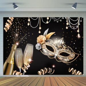 7x5ft Masquerade Party Backdrop Black and Gold Confetti Photography Banner Decor Champagne Birthday Party Mask Prom Dance Party Photoshoot Background