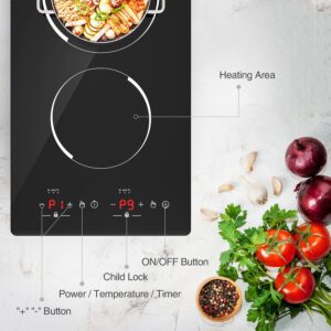 GIHETKUT Double Induction Cooktop, 110V Electric Cooktop 2300W Electric Stove Top with 2 Burner Independent Control, Ultrathin Body, 9 Temperature, Multiple Power Levels, 2 Hour Timer, Safety Lock