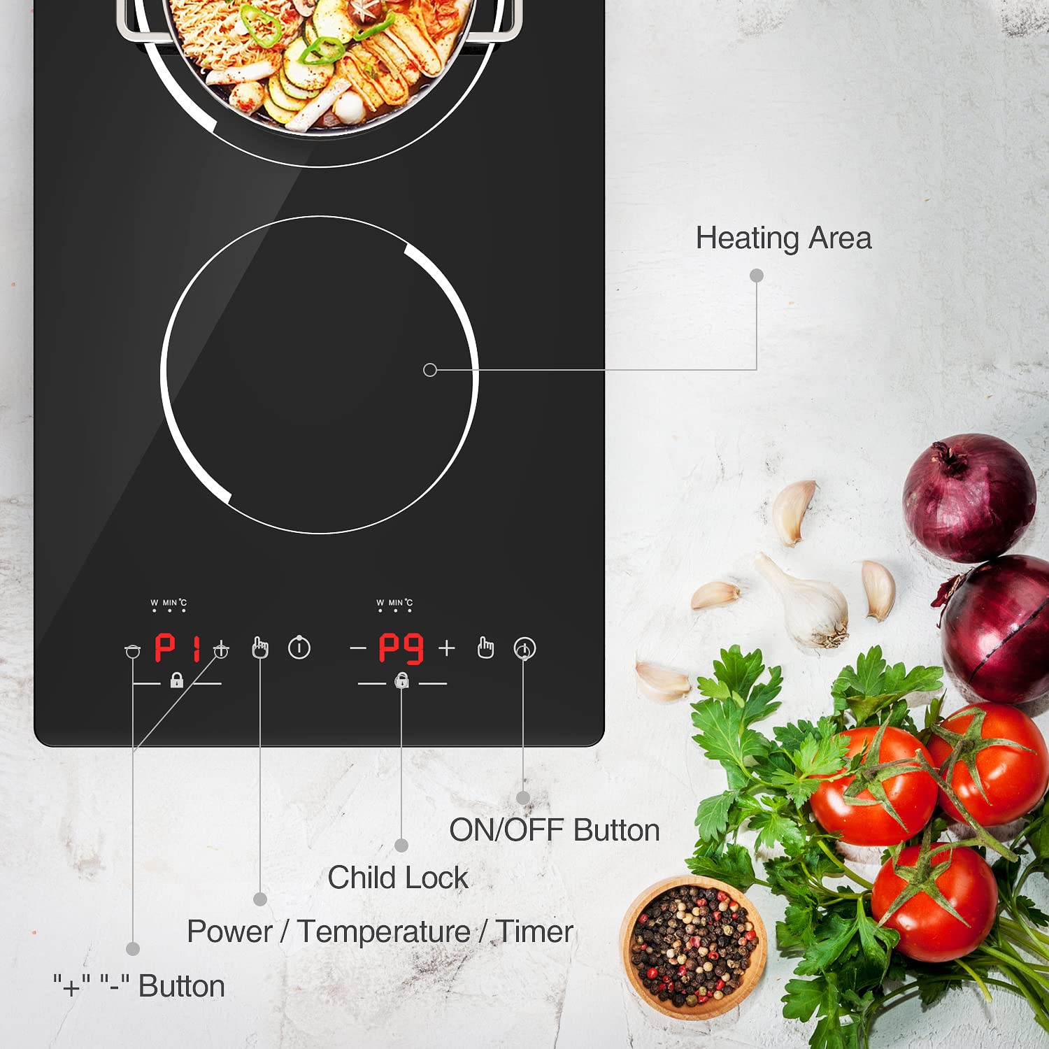 GIHETKUT Double Induction Cooktop, 110V Electric Cooktop 2300W Electric Stove Top with 2 Burner Independent Control, Ultrathin Body, 9 Temperature, Multiple Power Levels, 2 Hour Timer, Safety Lock