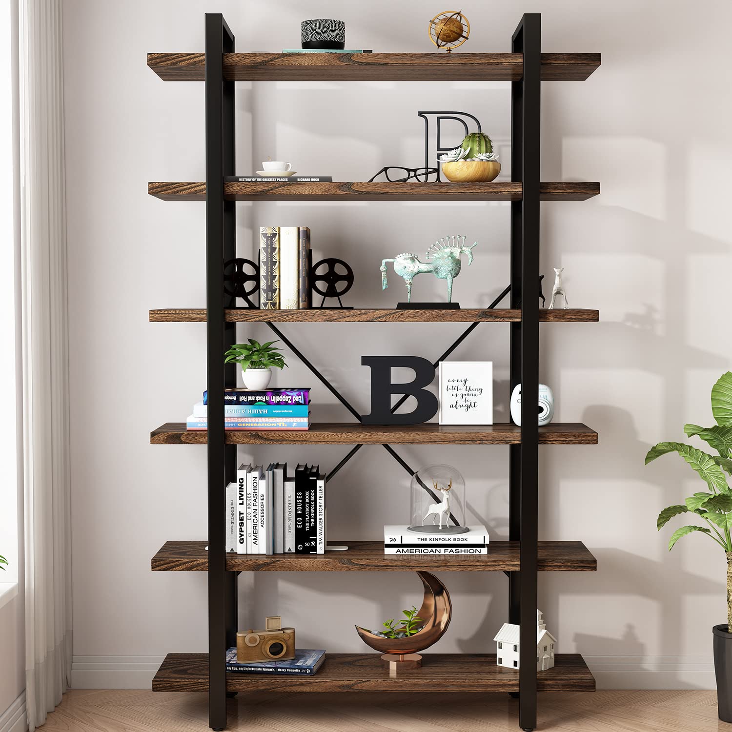 AY-AOYUAN Solid Wood Bookcase and Book Shelves Wood and Metal Shelving Unit 5 Tier Bookshelf Modern Rustic Open Bookshelf Office,Distressed Brown (AY-02-6Tier)