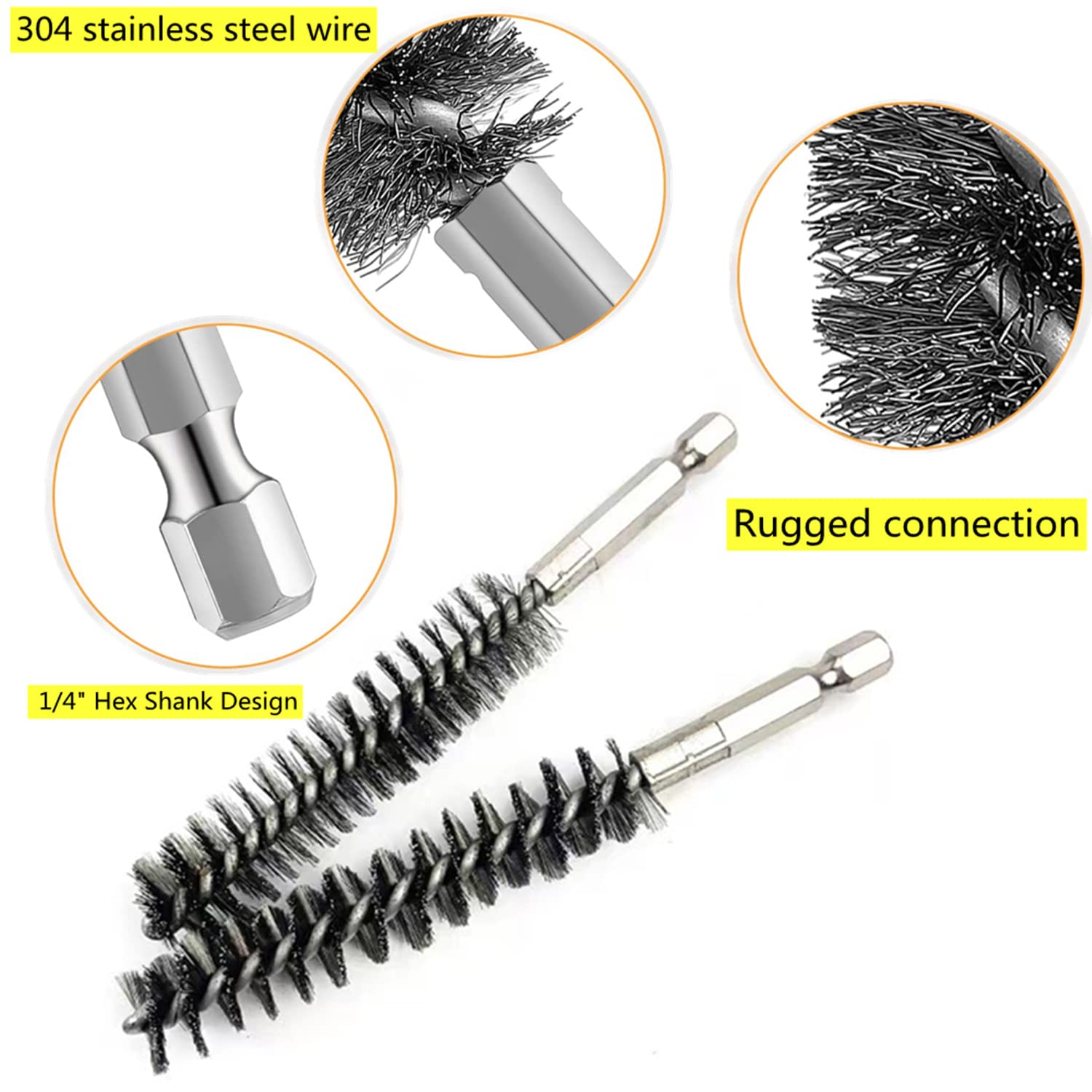 MIKILIKIEN Stainless-Steel Bore Brush for Drill,Wire Brush Set for Power Drill with 1/4-in Hex Shaft,Metal Cleaning Brushes with Stainless-Steel bristles(10-Size Set)