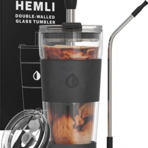 Hemli 19 oz. Clear Double Wall Glass Coffee Tumbler, To Go Glass Travel Mug with Lid, Portable Glass Thermos with Straw, Reusable Cup for Coffee, Tea, Smoothies, Ice Coffee, and Boba (Black)