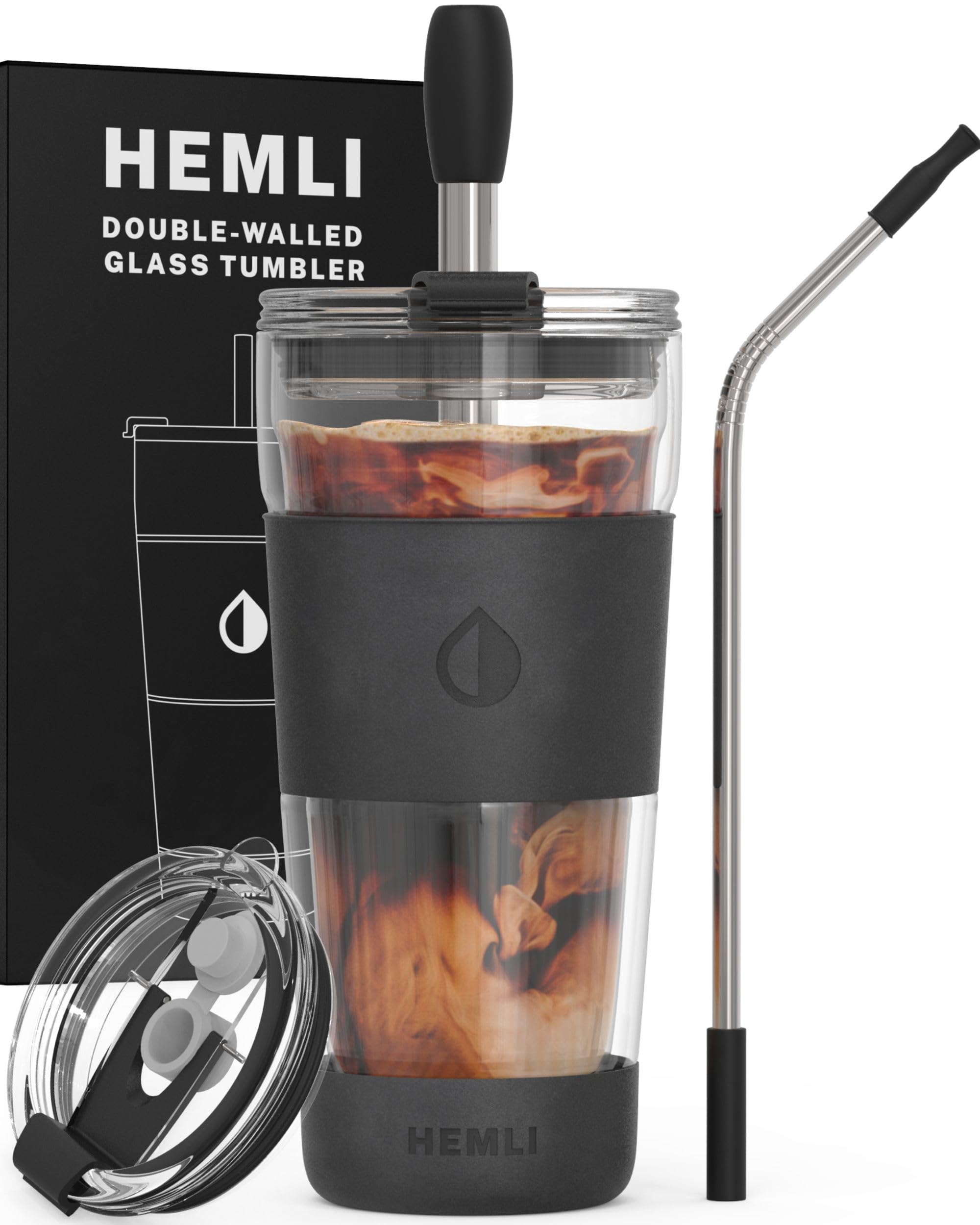 Hemli 19 oz. Clear Double Wall Glass Coffee Tumbler, To Go Glass Travel Mug with Lid, Portable Glass Thermos with Straw, Reusable Cup for Coffee, Tea, Smoothies, Ice Coffee, and Boba (Black)