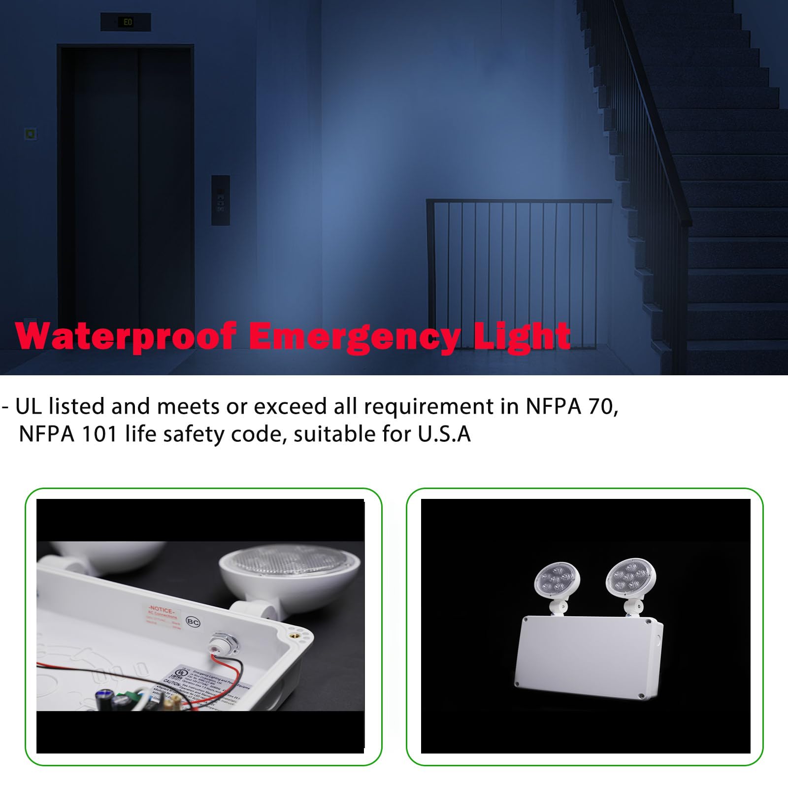 Garrini Waterproof LED Emergency Light, White housing, Dual Rotational LED Emergency Light with Backup Battery, Commercial Grade, Fire Resistant，Suitable for Wall Mount, Wet Location WMU