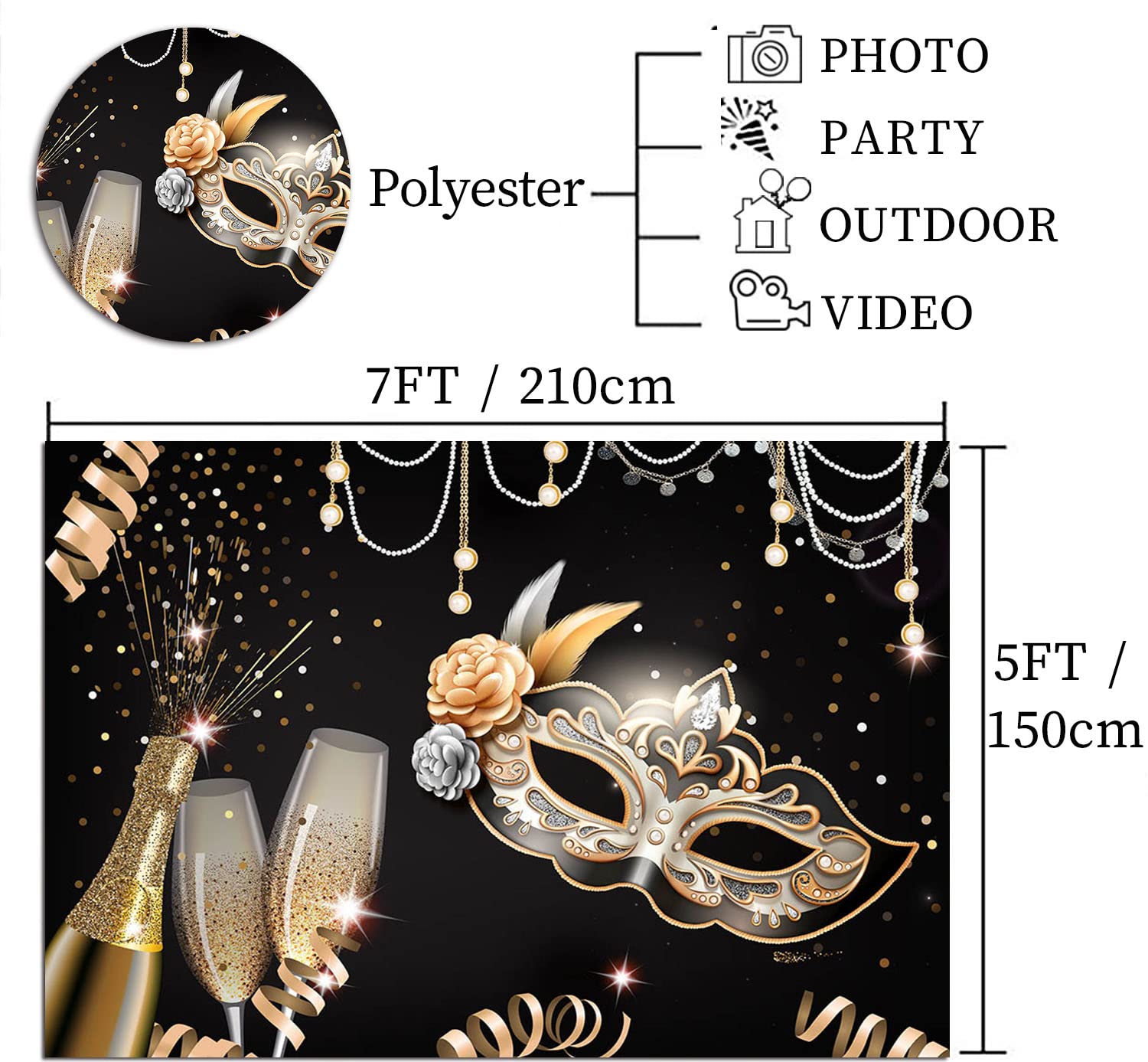 7x5ft Masquerade Party Backdrop Black and Gold Confetti Photography Banner Decor Champagne Birthday Party Mask Prom Dance Party Photoshoot Background