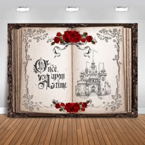 mocsicka once upon a time backdrop princess castle wedding party background fairytale book red roses bridal shower party cake table decoration photo booth props (7x5ft)