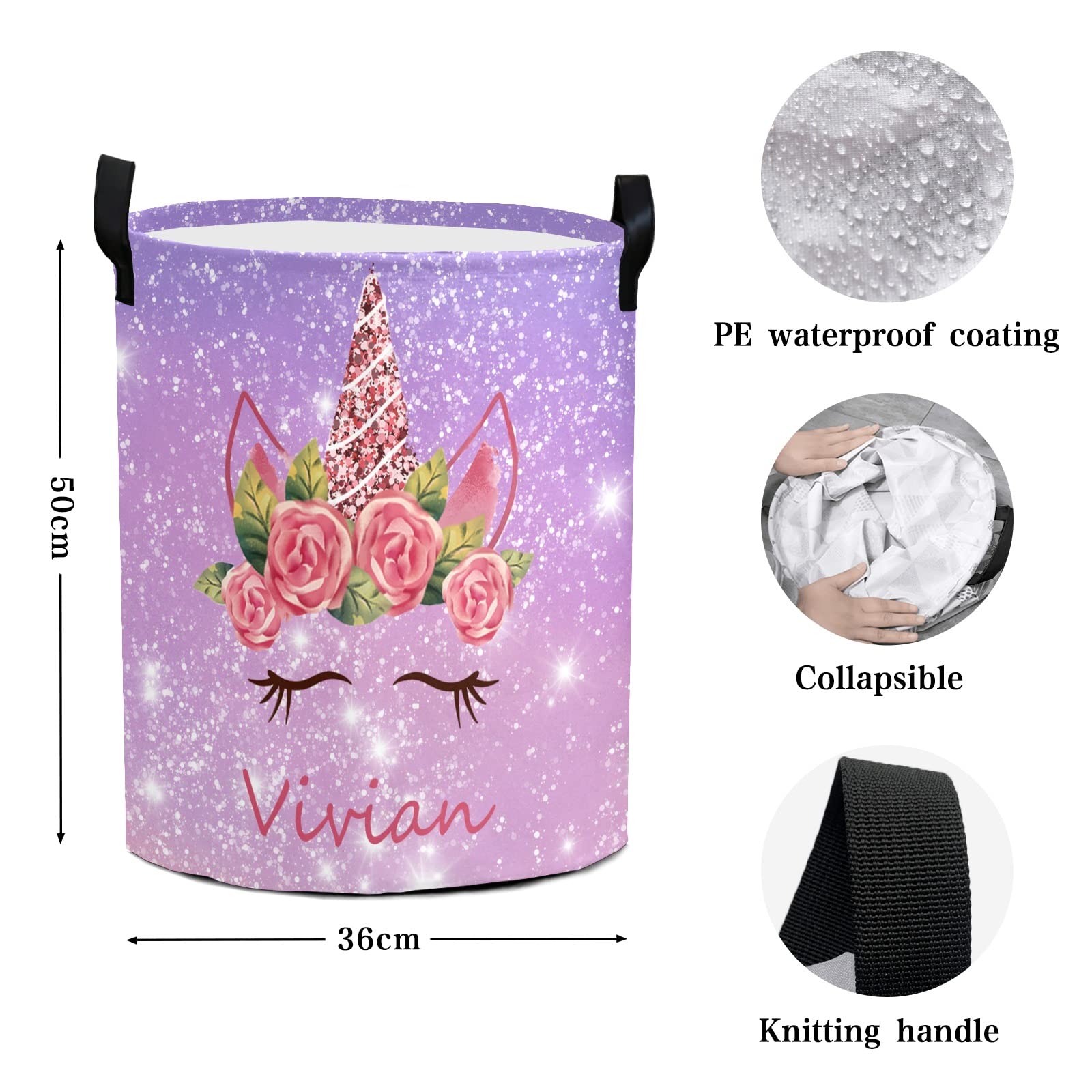 Custom Laundry Basket Personalized Unicorn Laundry Hamper Custom with Name Collapsible Waterproof Storage Basket with Handles for Bedroom Bathroom Decorative Large Capacity