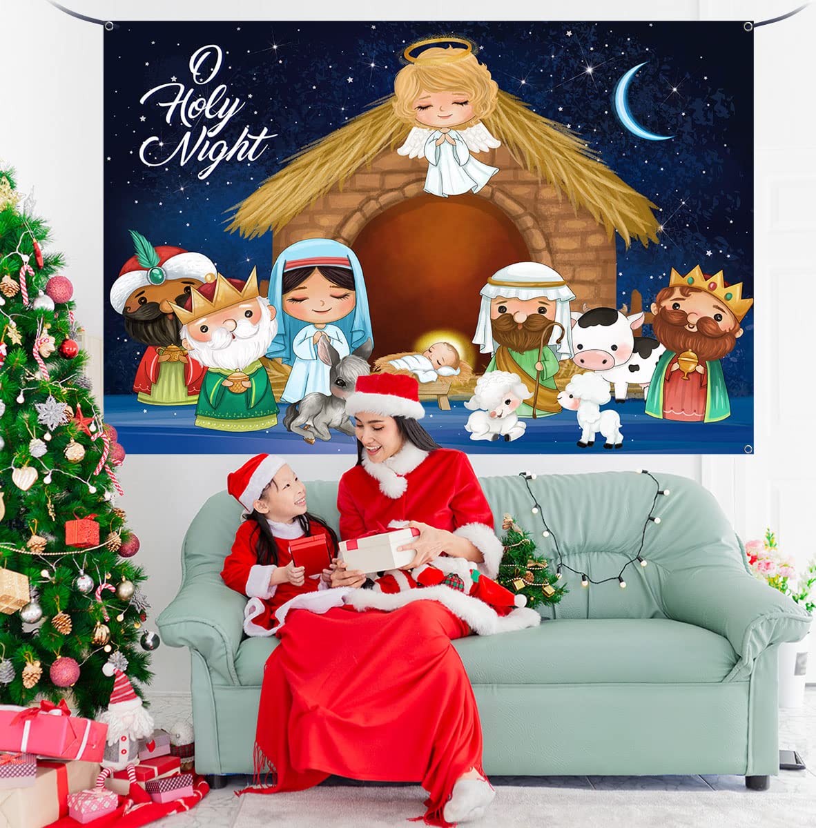 Manger Scene Religious Christmas Backdrop,Holy Nativity Christmas Large Background Supplies for Jesus Holy Night Religious Christmas Decoration