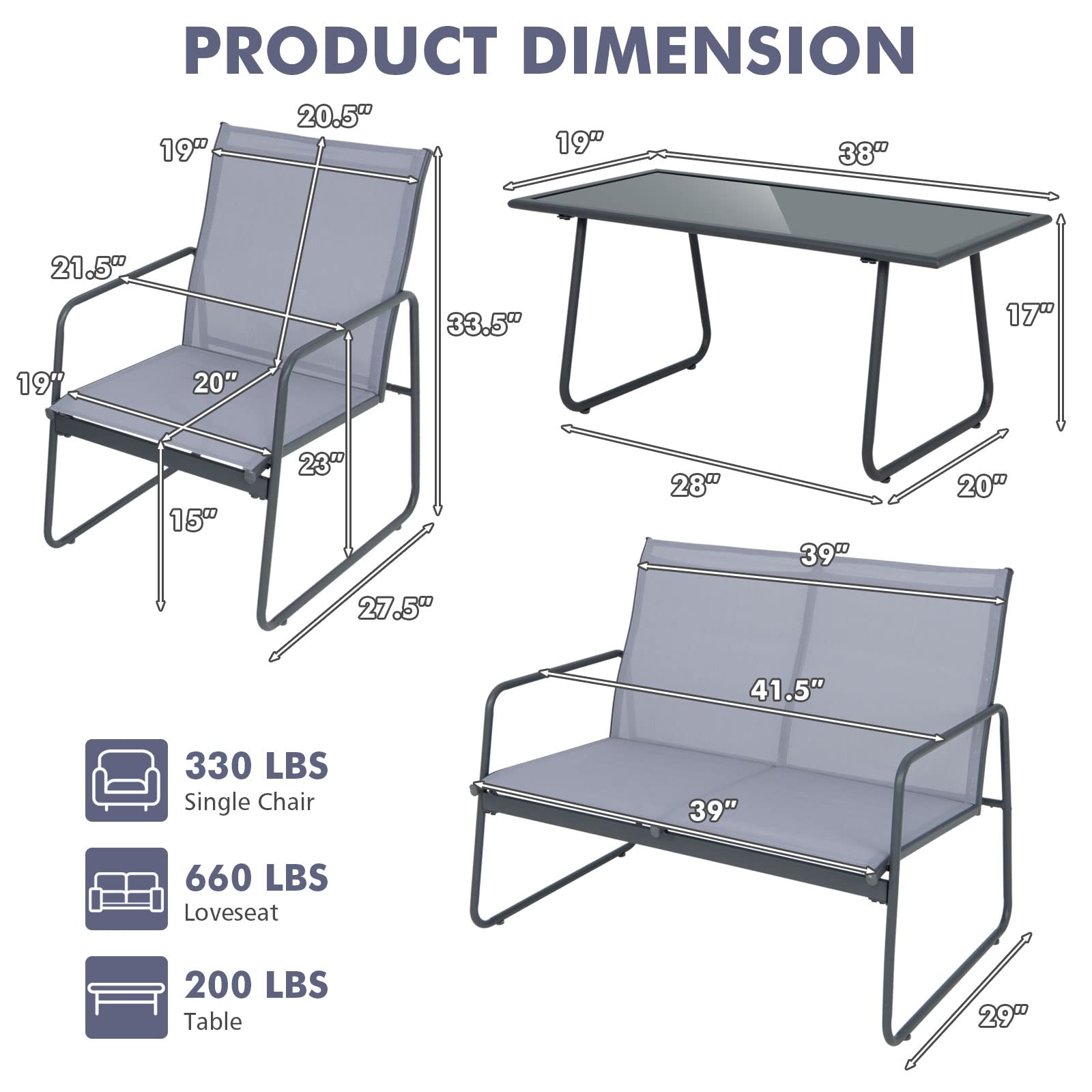 Tangkula 4 Pieces Patio Furniture Set, Outdoor Conversation Set with Tempered Glass Coffee Table, Metal Frame, Breathable Fabric, Indoor & Outdoor Chat Set of 4, for Patio, Poolside, Garden (Gray)