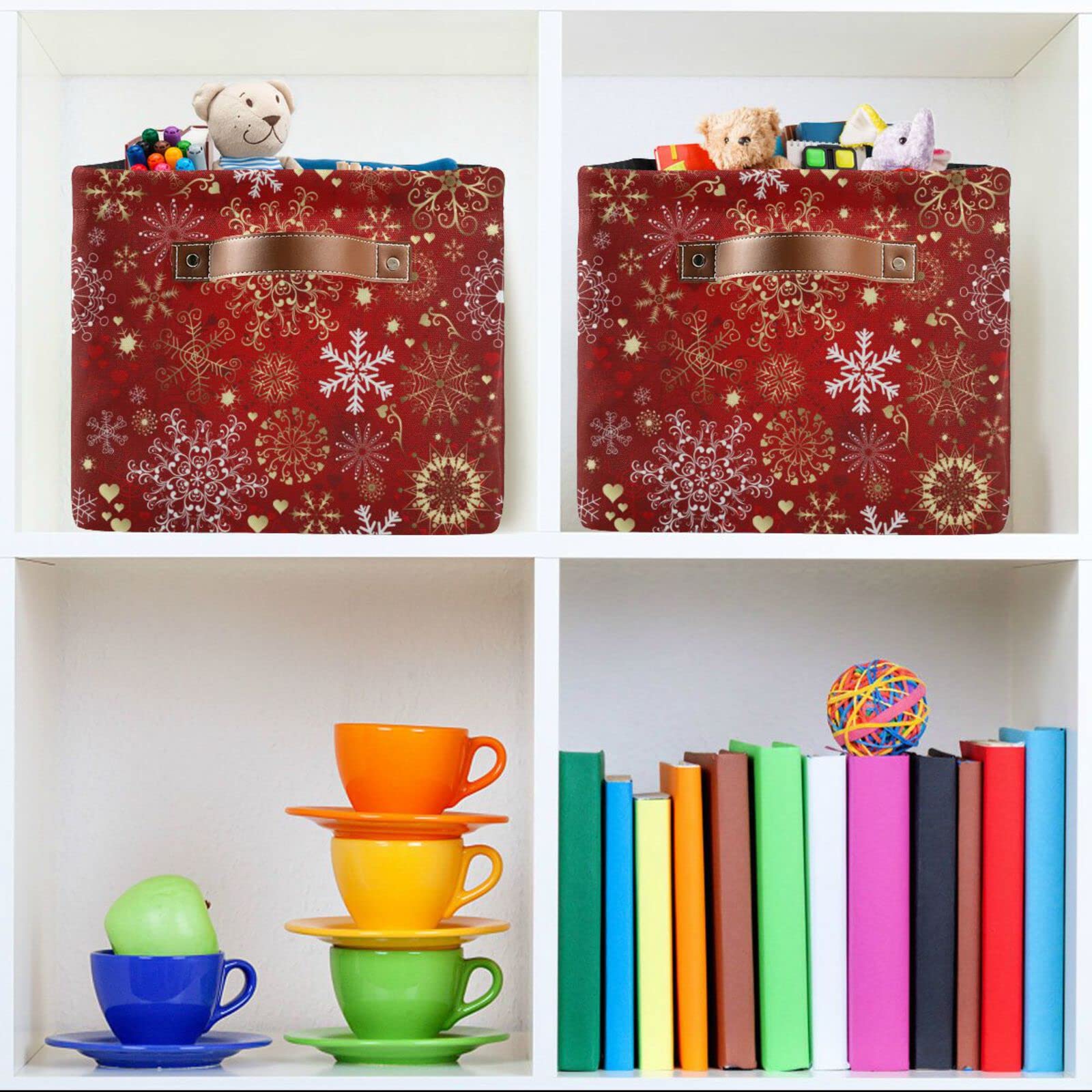 Christmas Snowflakes Home Storage Basket Xmas Winter Red Gold Snowflake Storage Organizer Box Bins Large Collapsible Cube Baskets Boxes with PU Handles for Shelf Closet Nursery Laundry 1 Pack