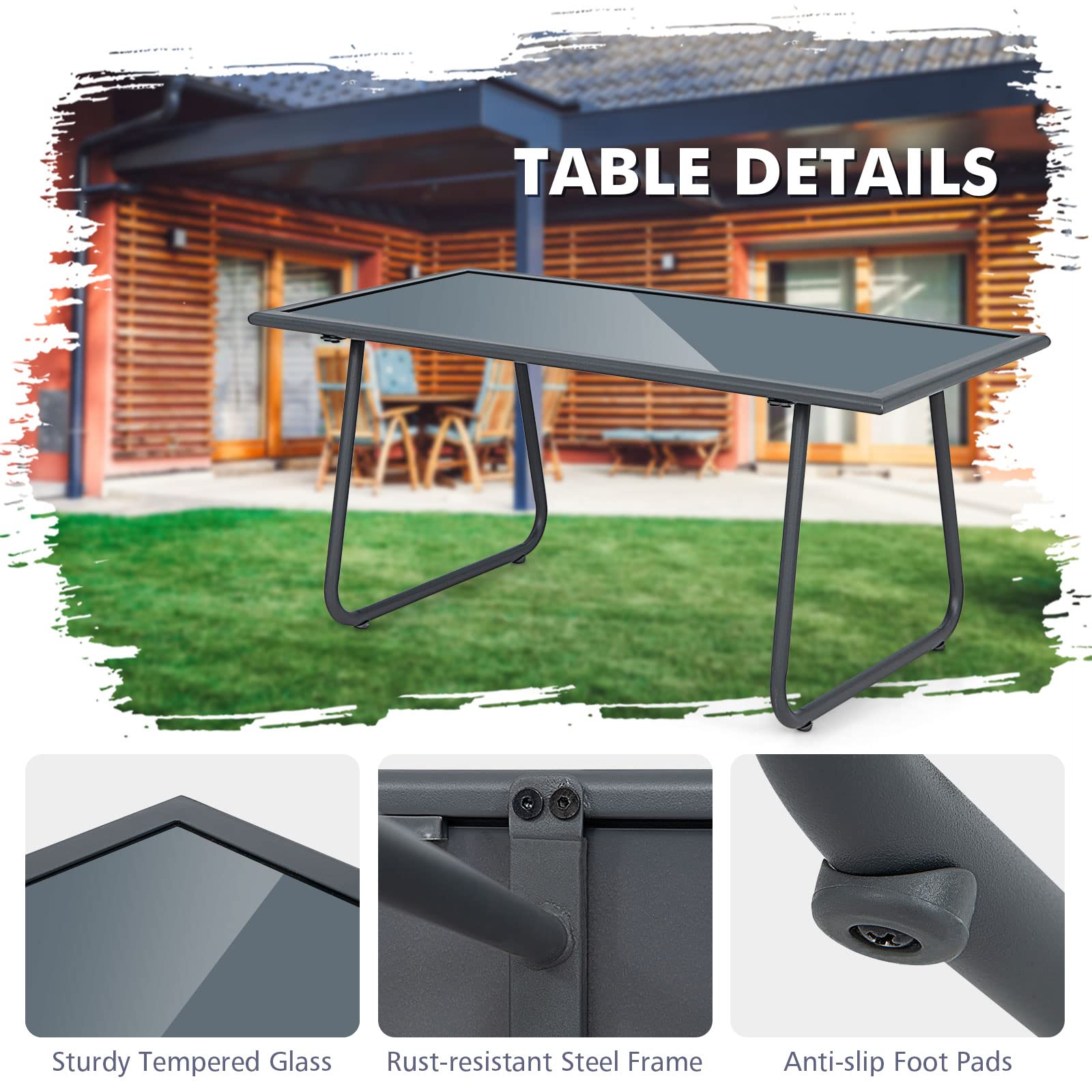 Tangkula 4 Pieces Patio Furniture Set, Outdoor Conversation Set with Tempered Glass Coffee Table, Metal Frame, Breathable Fabric, Indoor & Outdoor Chat Set of 4, for Patio, Poolside, Garden (Gray)