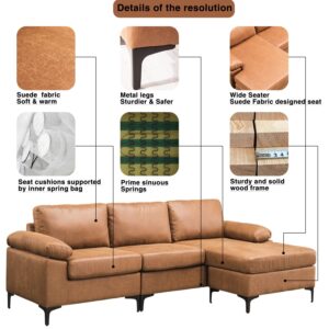 HOOOWOOO 100" L Shaped Couch with Reversible Chaise Living Room Couch Modern Sofa Set for Small Living Room Apartment Space,Brown Faux Suede