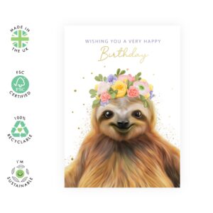 CENTRAL 23 Happy Birthday Card For Him Her - Floral Sloth - Kids Birthday Cards - Birthday Gift For Sister Son Daughter Nan Granddaughter - Comes With Fun Stickers