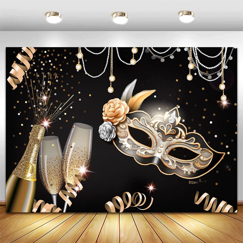 7x5ft Masquerade Party Backdrop Black and Gold Confetti Photography Banner Decor Champagne Birthday Party Mask Prom Dance Party Photoshoot Background