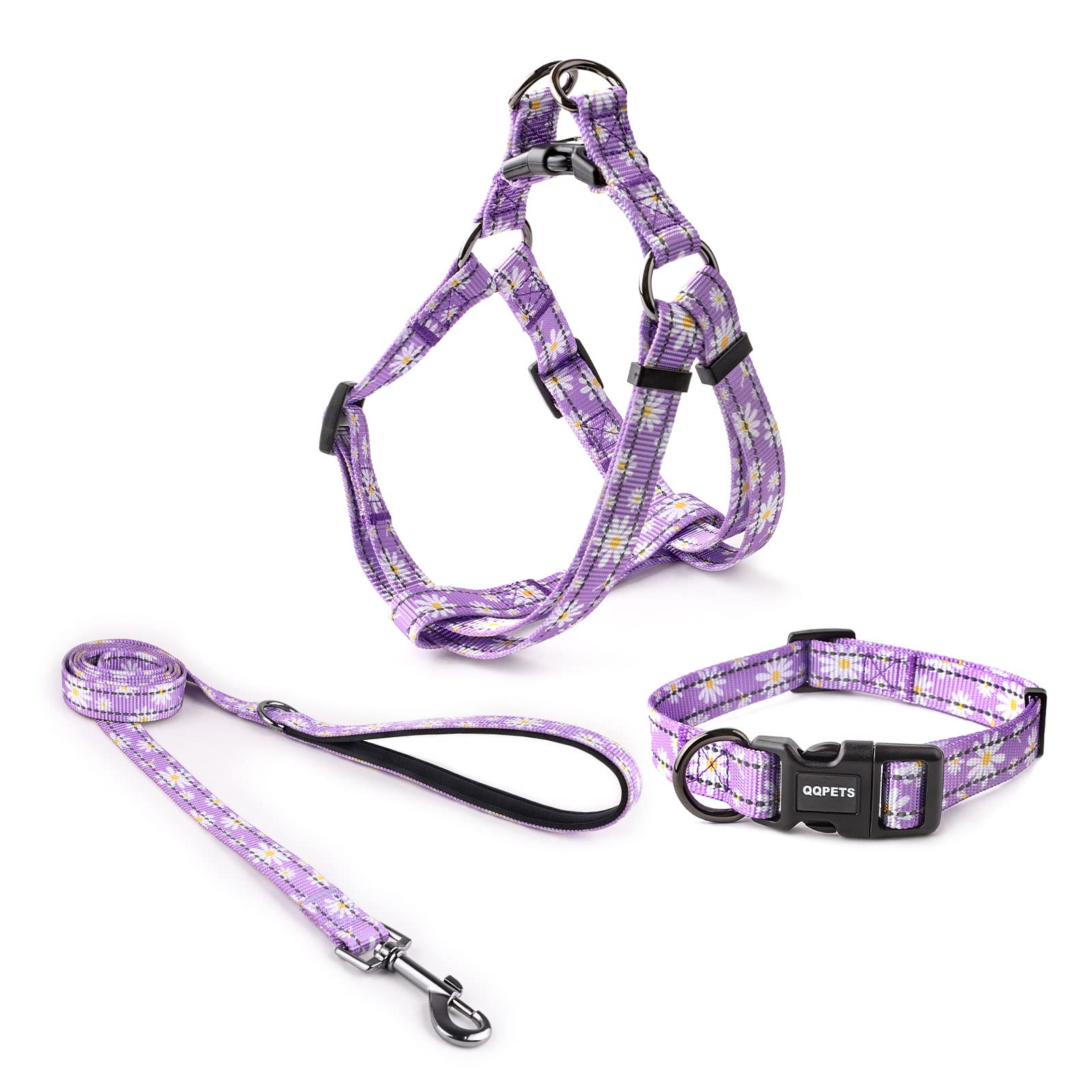 QQPETS Dog Harness Collar Leash - No Pull Pet Adjustable Back Clip Halter Basic Collar Heavy Duty 5FT Anti-Twist Leash for Extra Small Puppy Medium Large Breed Training Running