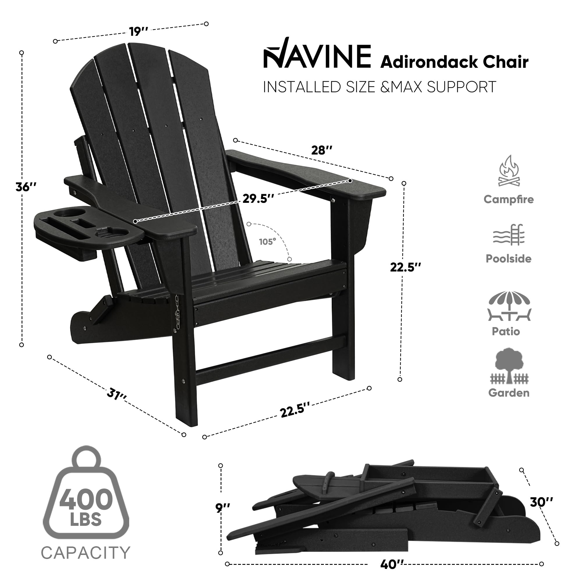 NAVINE Adirondack Chair Set of 4, HDPE Folding Adirondack Chair with Multifunctional Cup Holder, Weather Resistant Fire Pit Chair for porches, patios, poolsides, Decks.