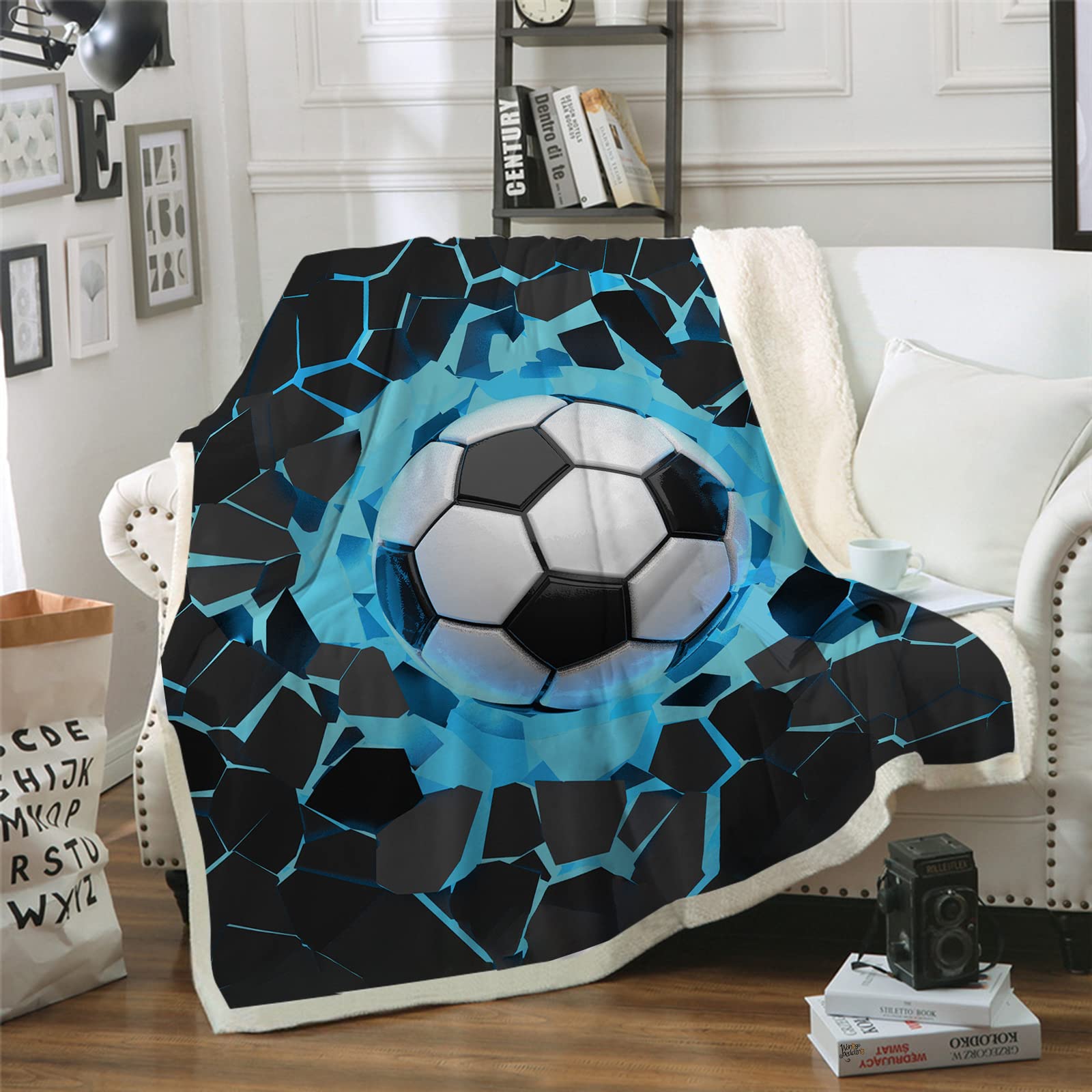 WONGS BEDDING Blue Soccer Throw Blanket Reversible Sprots Soccer Pattern Blanket for Soccer Fans Teens Boys Kids, Cozy Warm Soft Blanket for All Seasons, Plush Fleece Blanket Sofa Couch Bed 50" X 60"