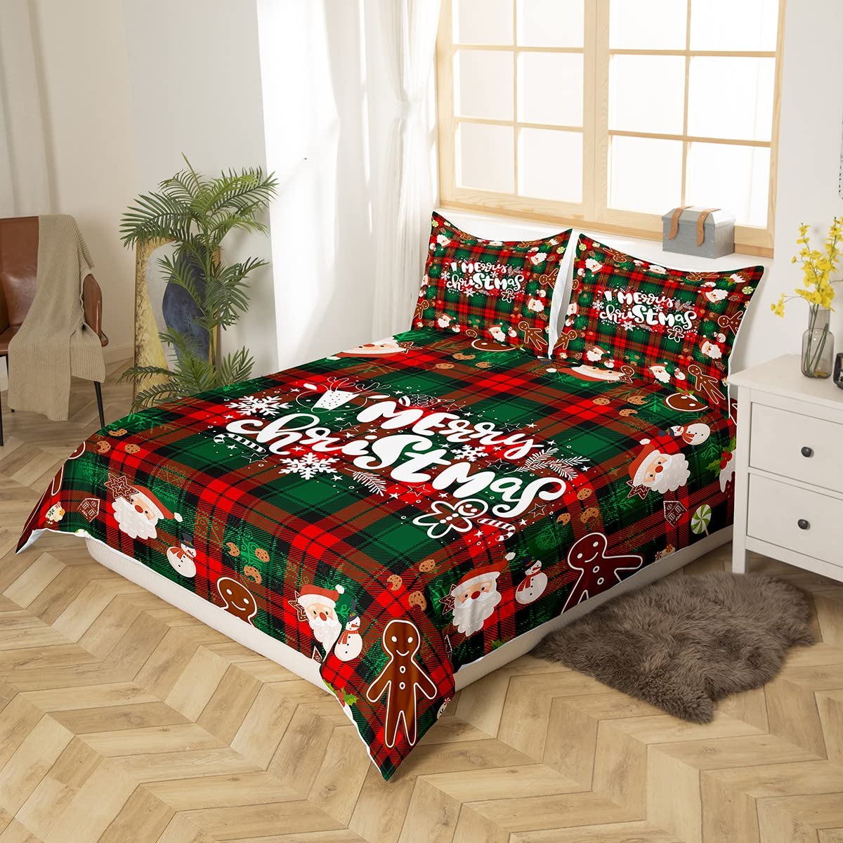 Christmas Duvet Cover Queen,Cartoon Santa Claus Snowman Bedding Set for Adult,Red Green Grid Checkered Comforter Cover,Snowman Snowflake Bells Quilt Cover with 2 Pillow Shams Bedroom Decor