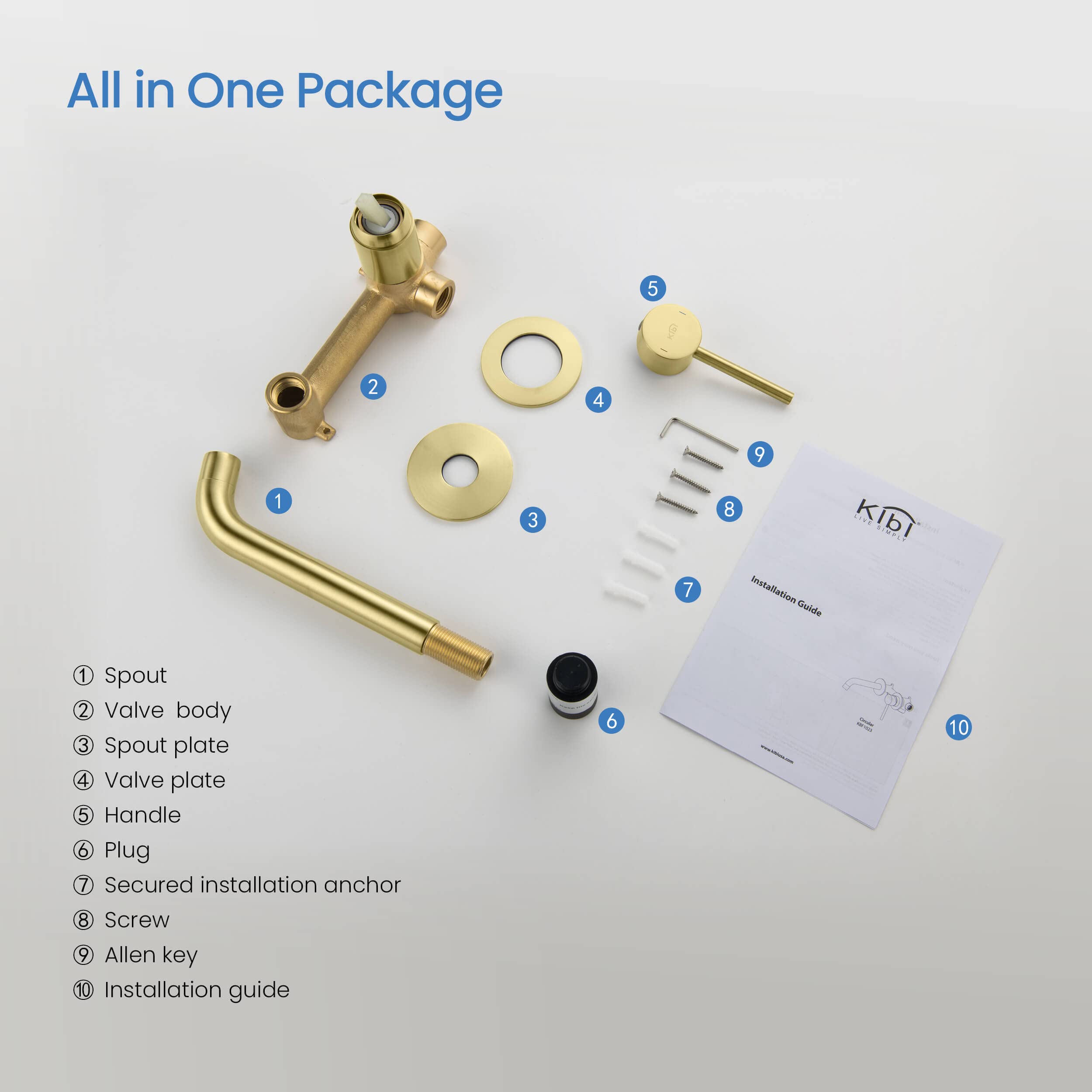 KIBI Circular Single Handle Wall Mount Faucet for Bathroom Sink with Rough-in Valve | Lavatory Faucet with Solid Brass Construction (Brushed Gold) (KBF1023)