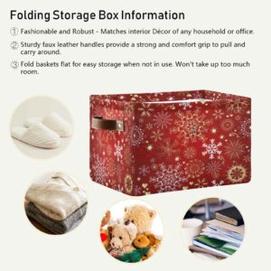 Christmas Snowflakes Home Storage Basket Xmas Winter Red Gold Snowflake Storage Organizer Box Bins Large Collapsible Cube Baskets Boxes with PU Handles for Shelf Closet Nursery Laundry 1 Pack