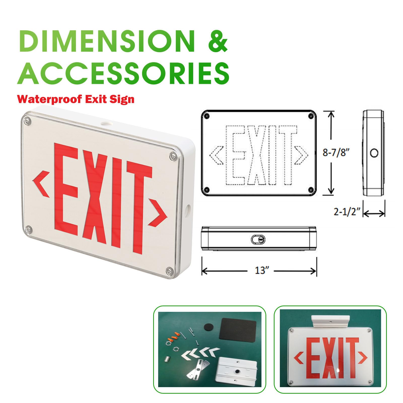 Garrini LED Exit Sign Red Letter with Backup Battery Suitable for Wet Location Waterproof Single Double Faces, 120/277V,Commercial Grade,Fire Resistant UL Certified MSU