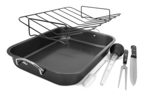 eternal living 6 piece rectangular turkey roaster pan with rack carving knife fork baster and brush, roasting pan 15 inch black