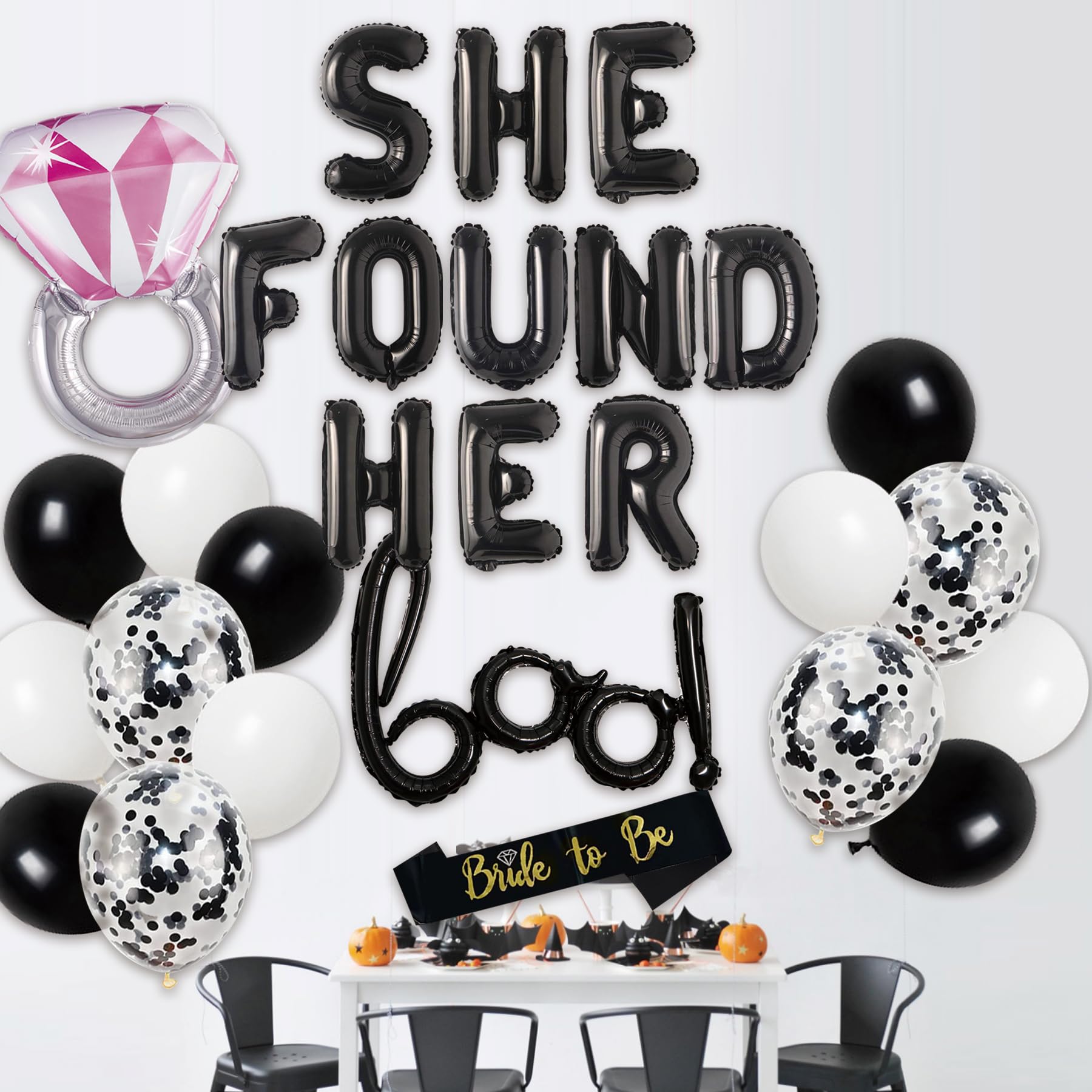 HOMEZZO Halloween Bachelorette Party Decoration - She Found Her Boo Bridal Shower Balloon Garland, Confetti Black White Ghost Balloon, Spooky Bride to Be Sash