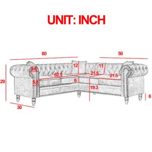 Merax L-Shaped 80" Deep Sofa Couch, Luxury Classic Chesterfield L-Shaped Velvet Sofa, Button Tufted Upholstered Sectional Corner Sofa with 3 Pillows and Solid Wood Gourd Legs