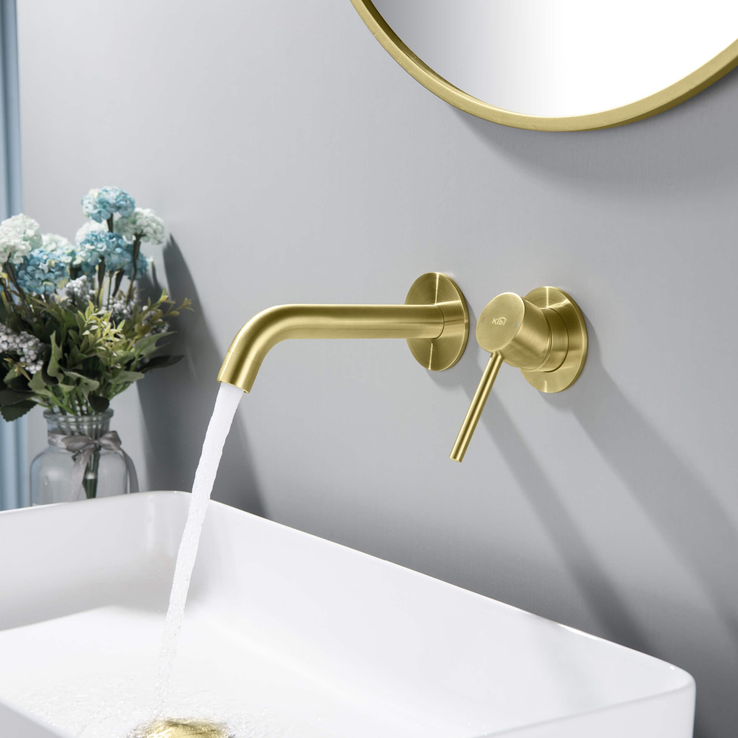 KIBI Circular Single Handle Wall Mount Faucet for Bathroom Sink with Rough-in Valve | Lavatory Faucet with Solid Brass Construction (Brushed Gold) (KBF1023)