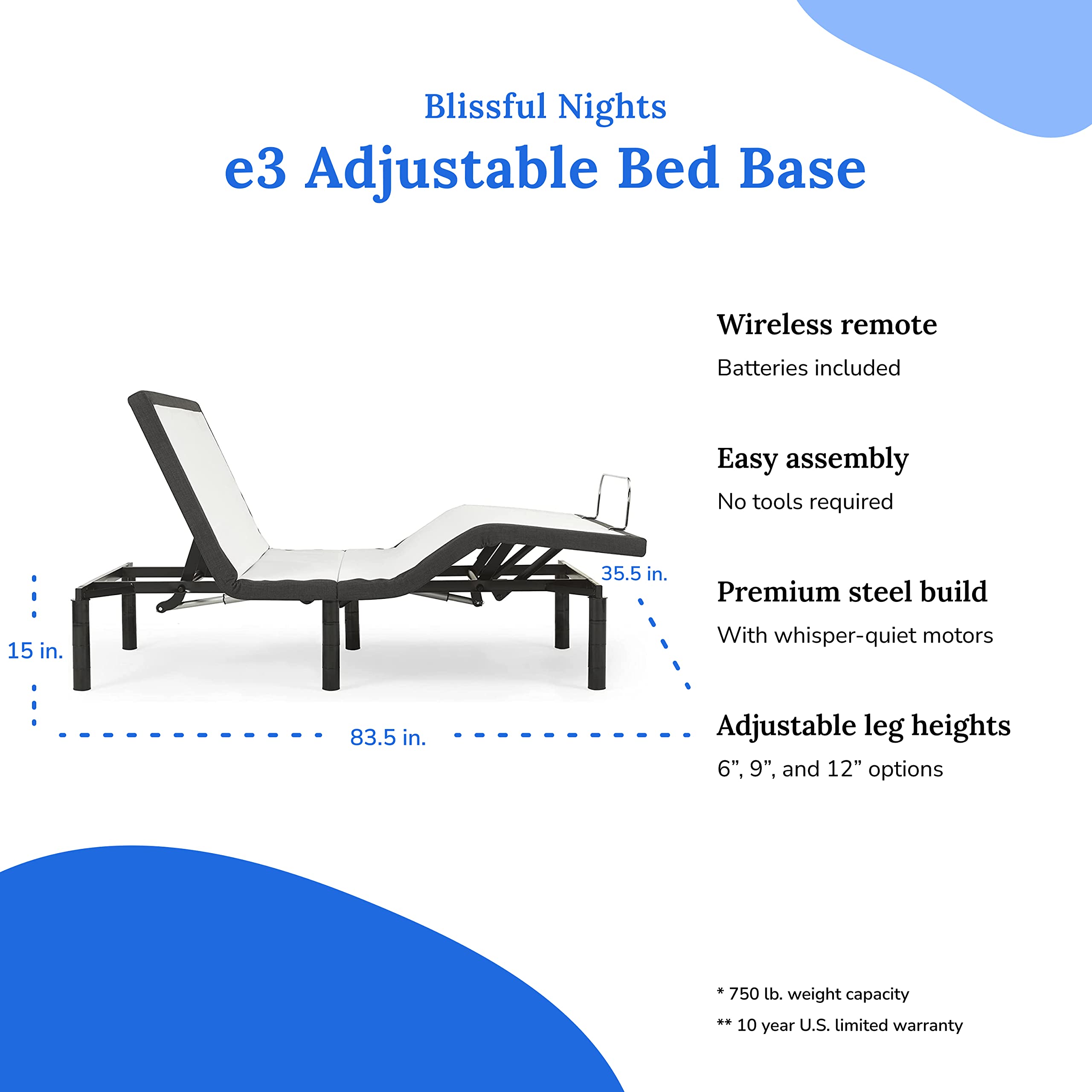 Blissful Nights e3 Cal King Split Adjustable Bed Base Frame with 10" Medium Firm Gel Infused Memory Foam Mattress