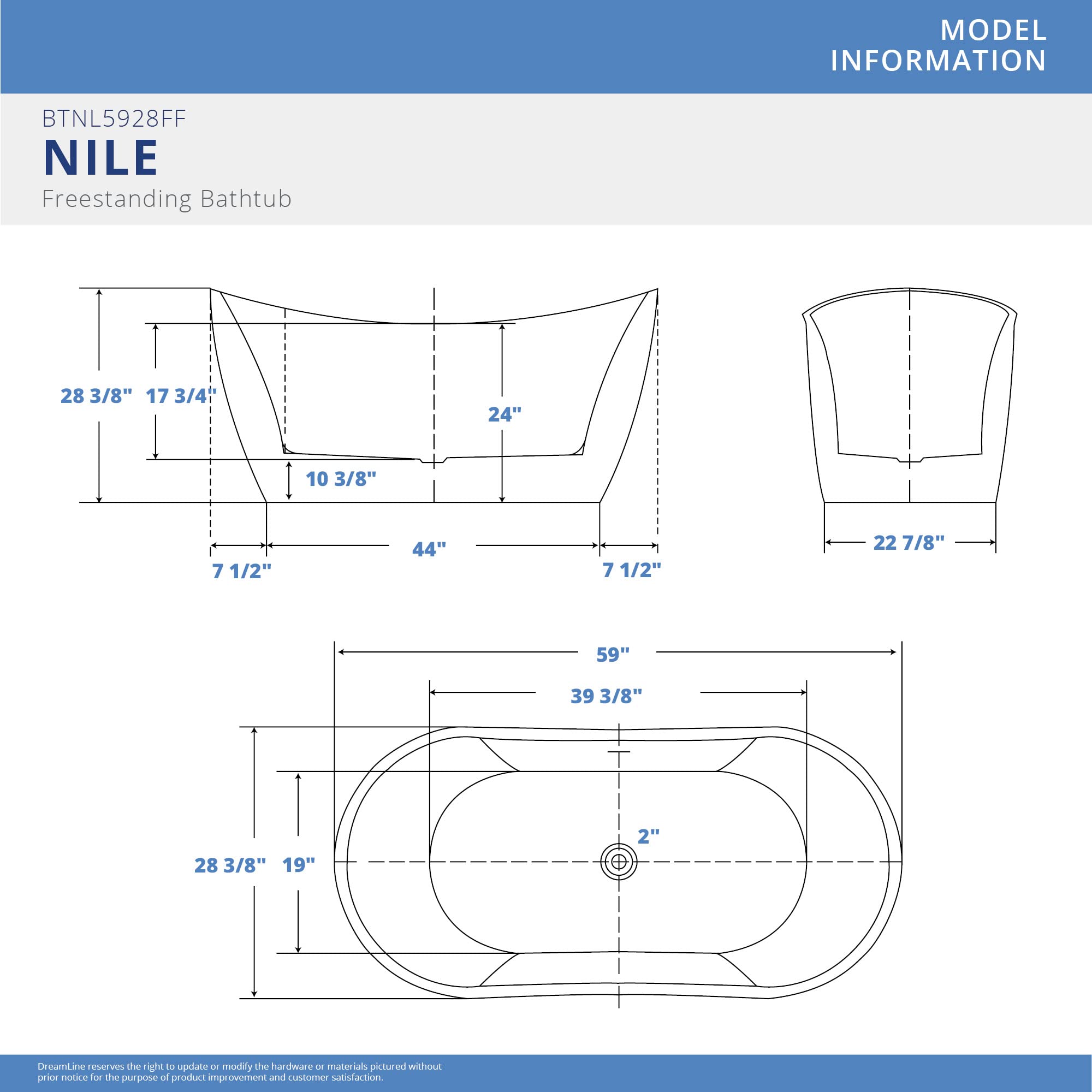 DreamLine Nile 59 in. L x 28 in. H Acrylic Freestanding Bathtub with White Finish