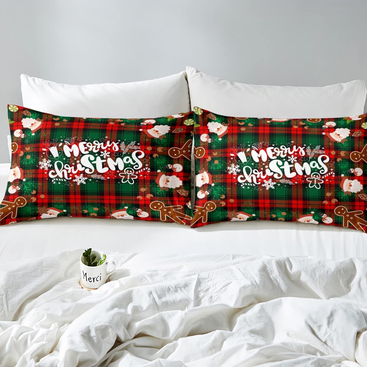 Christmas Duvet Cover Queen,Cartoon Santa Claus Snowman Bedding Set for Adult,Red Green Grid Checkered Comforter Cover,Snowman Snowflake Bells Quilt Cover with 2 Pillow Shams Bedroom Decor