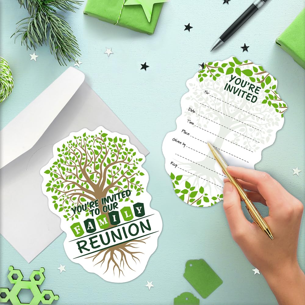 Cusrtyh Greeting Card - 15 Sheets Family Tree Reunion Invitations, Double Sided, Birthday Party Supplies with 15 Envelopes