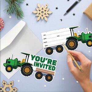 Cusrtyh 15 Sheets Tractor Party Celebration Invitations card with with 15 Envelopes，Green Tractor Birthday Party，Farmer Tractor Party Celebration Invitation cards， Birthday Party Supplies