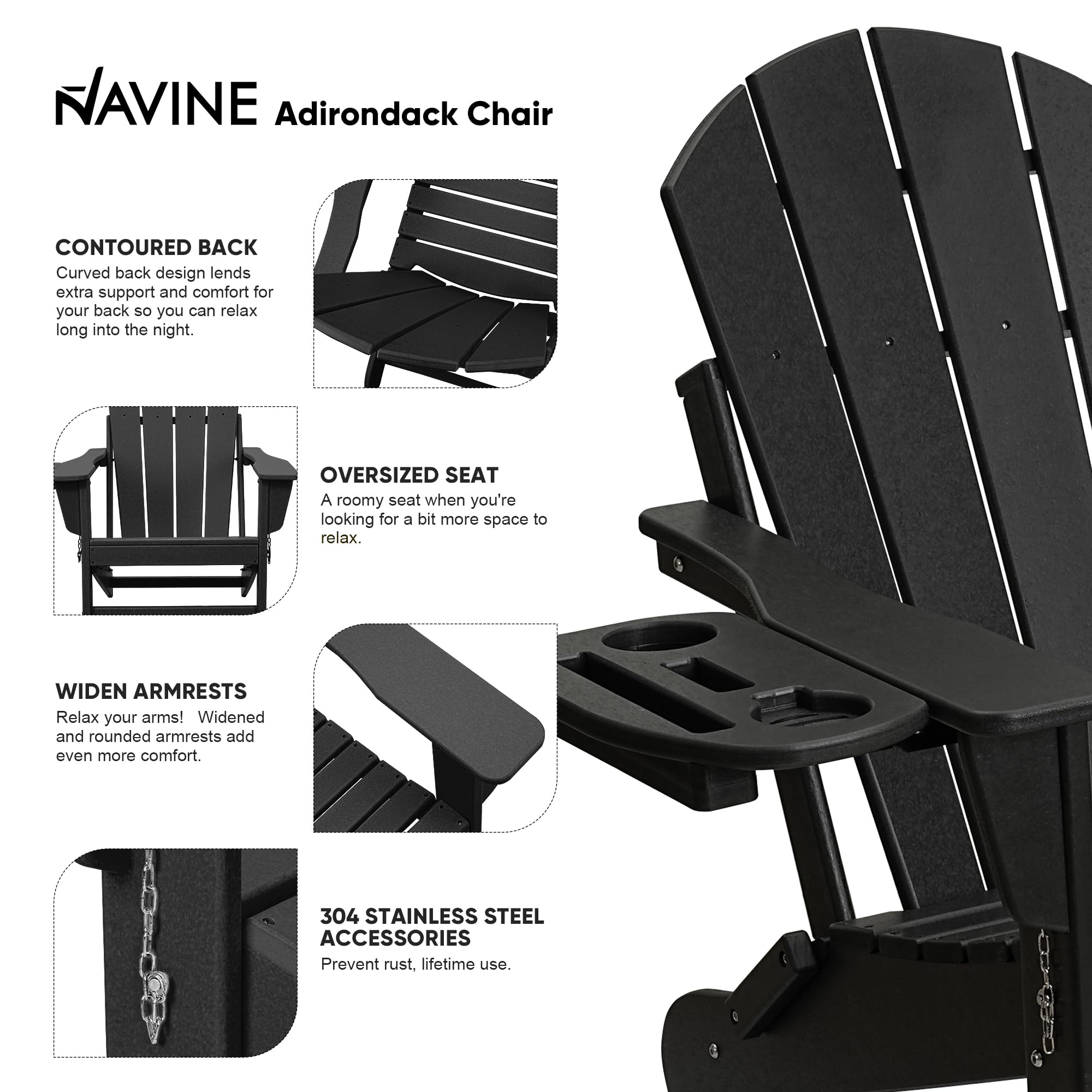 NAVINE Adirondack Chair Set of 4, HDPE Folding Adirondack Chair with Multifunctional Cup Holder, Weather Resistant Fire Pit Chair for porches, patios, poolsides, Decks.