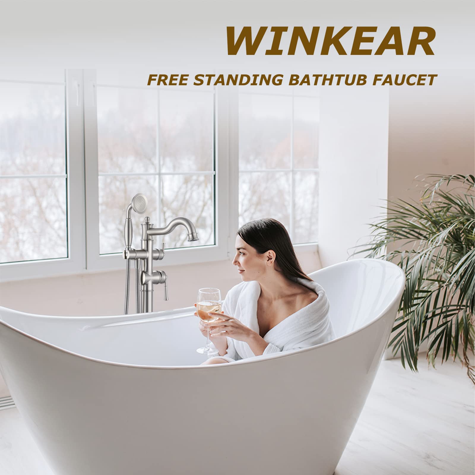 WINKEAR Freestanding Floor Mount Tub Filler with Handheld Shower Roman Bathtub Faucet by Brushed Nickel Finish, Swivel Spout with Brass Rough-in and Water Hose