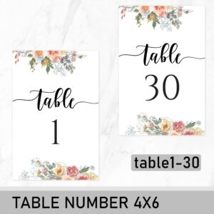 Wedding Table Numbers-Floral Table Numbers 1-30 for Wedding Reception, Double-Sided Table Number Cards Plus Head Table Card for your Wedding, Anniversary, Birthday Party or Celebration, 4"x6"