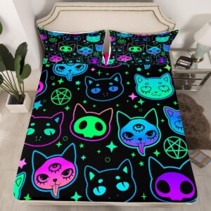 Erosebridal Halloween Theme Sheet Set Cute Neon Cat Full Sheets for Girls Boys Gradient Cat Skeleton Bed Sheets Psychedelic Galaxy Stars Fitted Sheet Kawaii Kitten Home Decor,Black