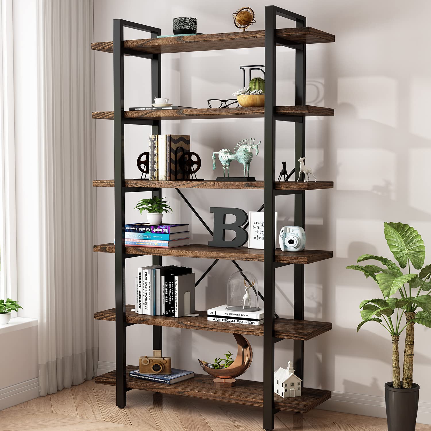 AY-AOYUAN Solid Wood Bookcase and Book Shelves Wood and Metal Shelving Unit 5 Tier Bookshelf Modern Rustic Open Bookshelf Office,Distressed Brown (AY-02-6Tier)