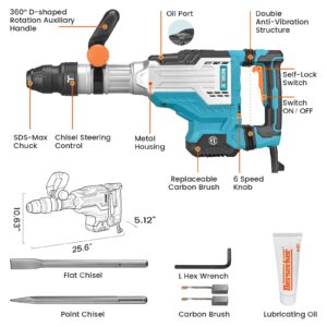 Berserker 1700W 25-Pound SDS-Max Demolition Jack Hammer, 1-9/16" 14-Amp Corded Electric Heavy Duty Demo Chipping Hammer Concrete/Pavement Breaker with Carrying Case Flat Chisel Bull Point Chisel